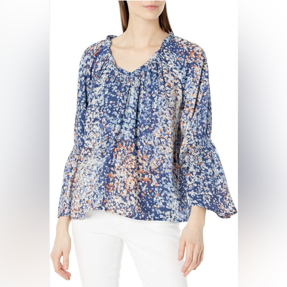 Nine West Blue, Orange, and Cream Floral Boho Peasant Blouse Large/L N‎